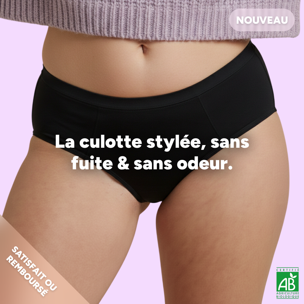 Culotte menstruelle noire en coton bio portée, sans fuite et sans odeur